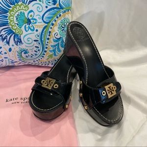 Tory Burch Patti Black Genuine Leather Wedge Slide Sandal Size 7